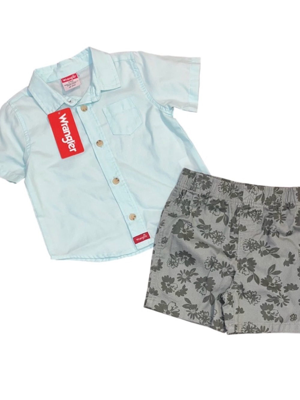 Wrangler Button Up Collar Shirt Shorts Set Blue Green NWT Boys 24 Months Beach